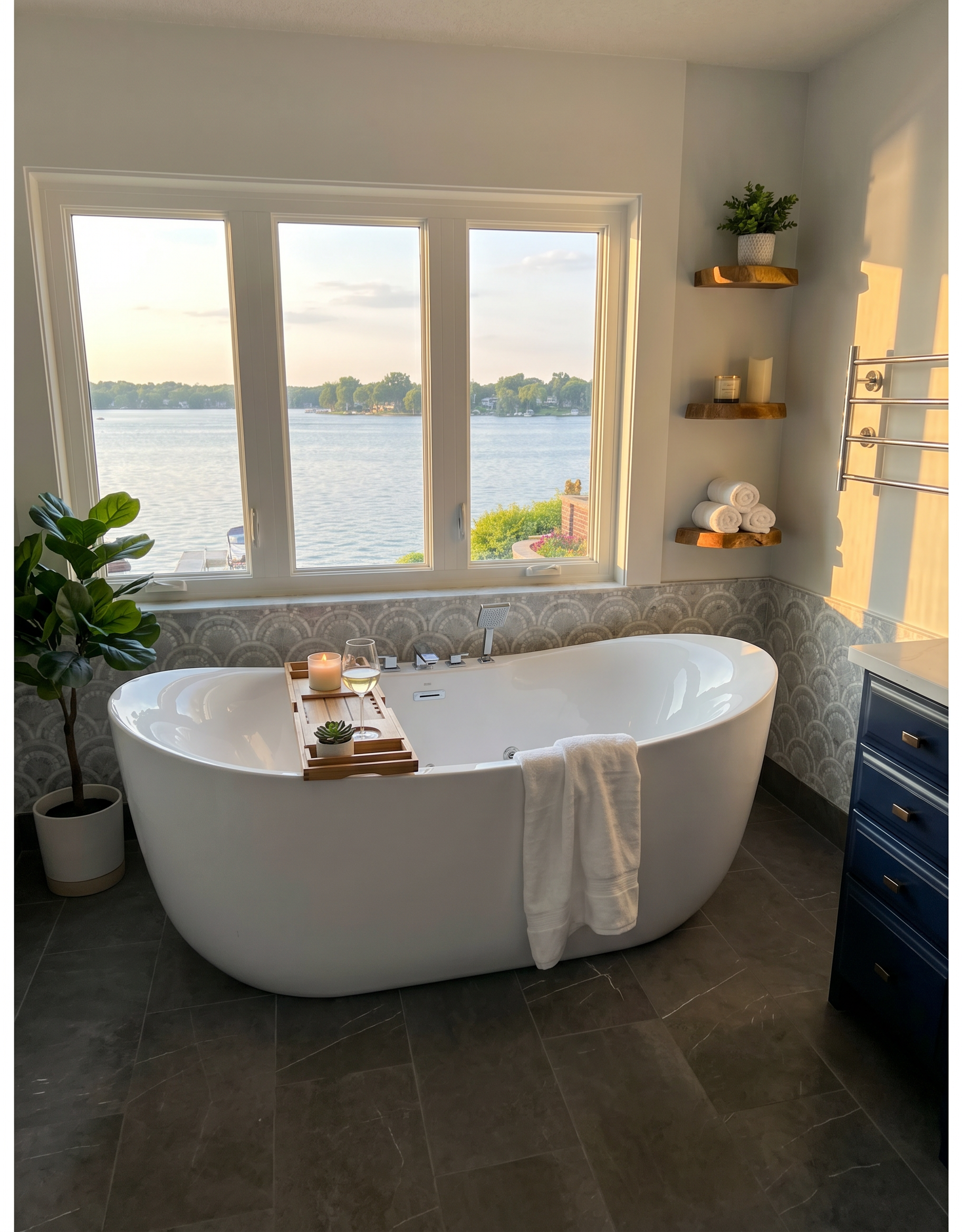 205th master bathroom freestanding soaking tub with lake view in Lakeville MN